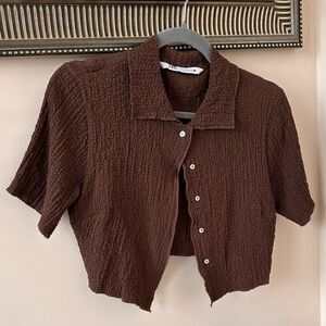 Zara Rust Brown Textured Cropped Button-Up Top